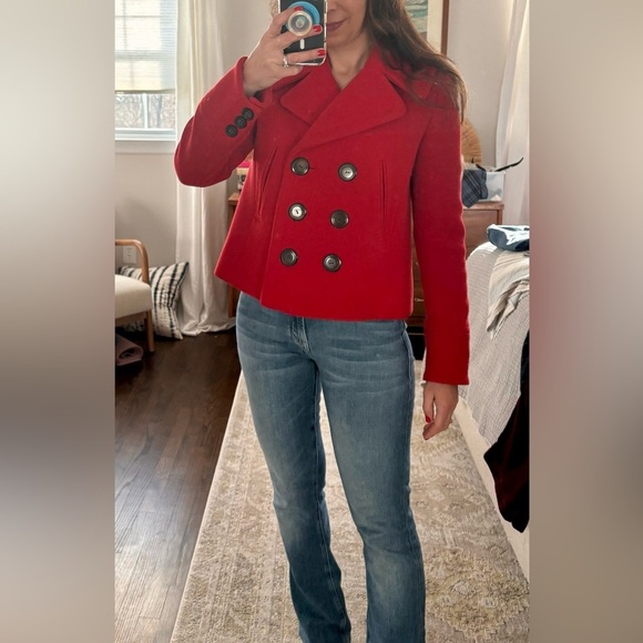 J. Crew Apple Red Double Breasted Cropped Pea Coat - Picture 3 of 10